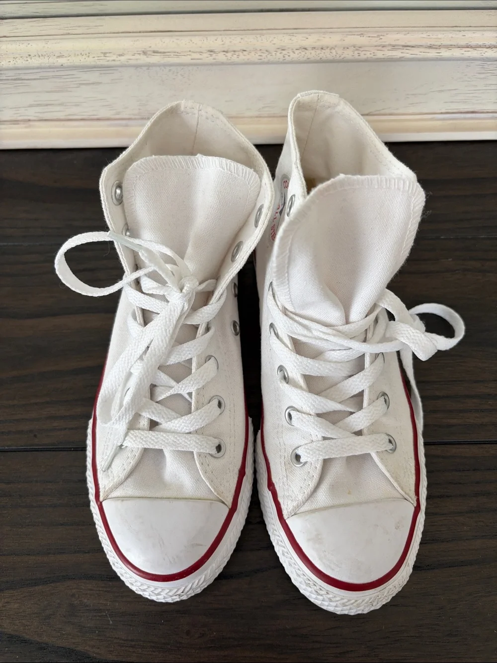 Converse Kids White High Top Sneakers with Red and Navy Trim - Picture 3 of 6